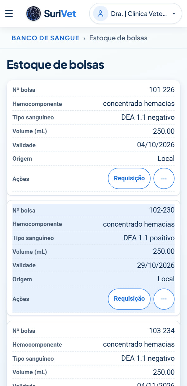 Estoque de bolsas real do banco de sangue SuriVet